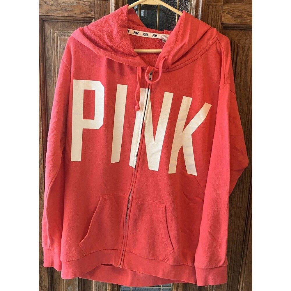 PINK Sweatshirt Womens M Full Zip Hoodie Pink Long Sleeve Activewear Spell Out